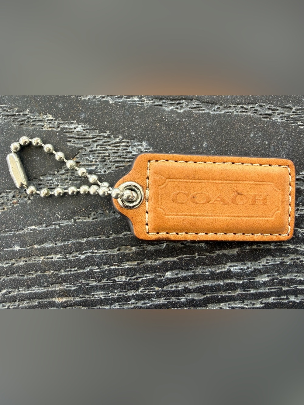 Vintage Coach Tan Leather Key Tag with Ball Chain